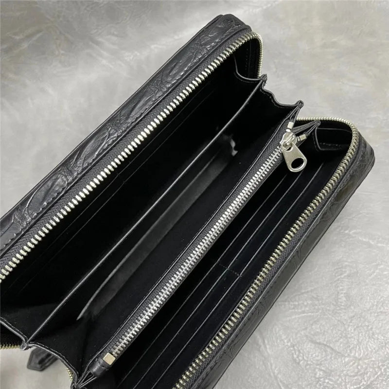 Authentic Crocodile Belly Skin Male Large ZIP Card Purse Genuine Exotic Alligator Leather Businessmen Small Black Clutch Bag
