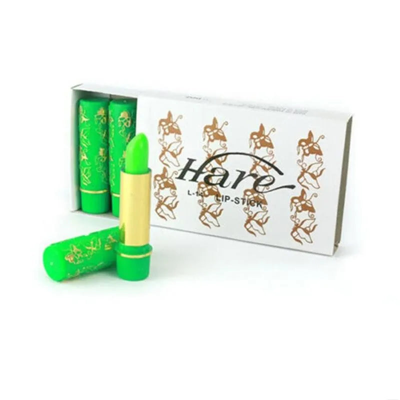6-pack magic color-changing green lipstick with butterfly design on gold and green tubes in a white box.