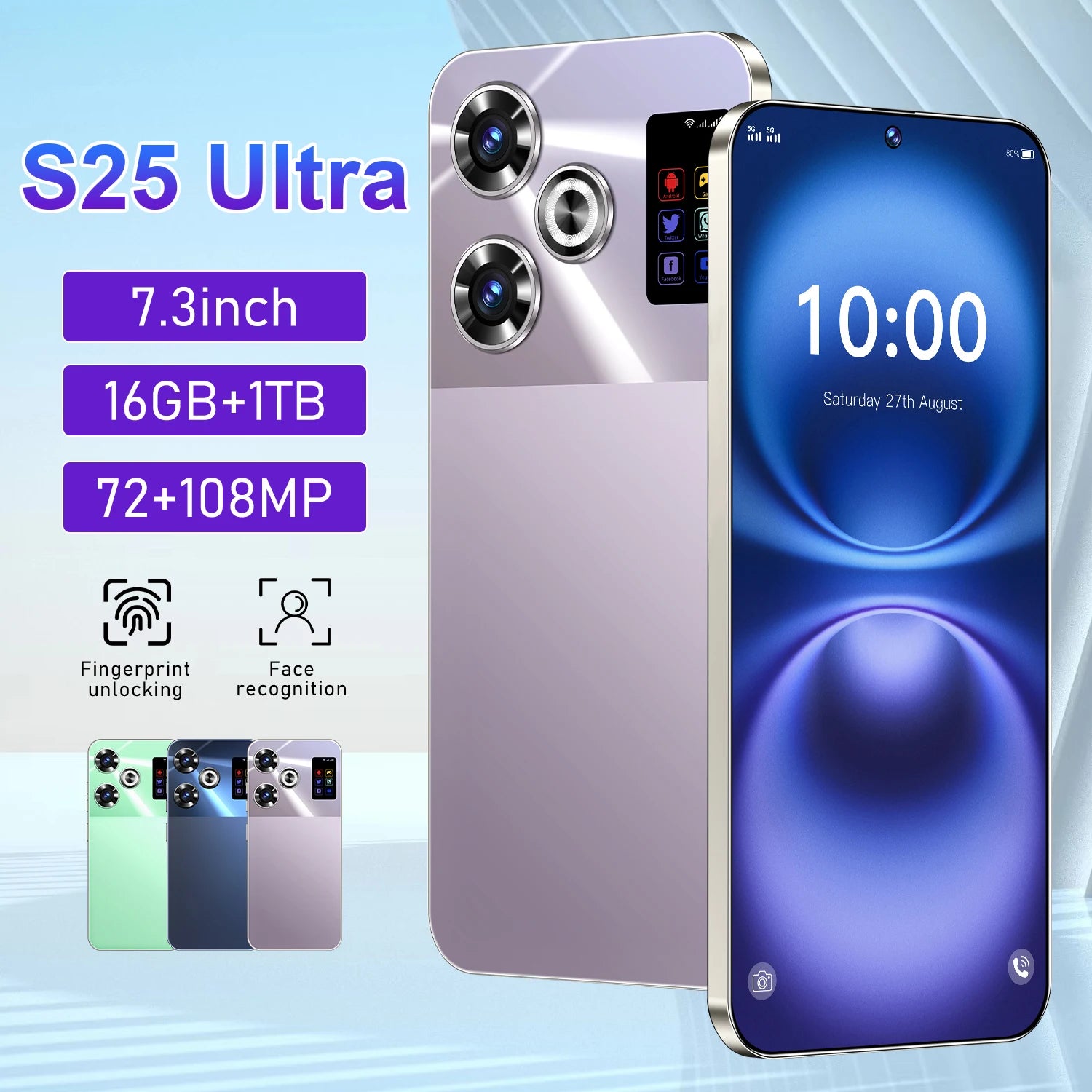 Tidesmit 5G Smartphone, 7.3 Inch AMOLED, 16GB RAM, 1TB Storage Purple 16g 1TB Tidesmit