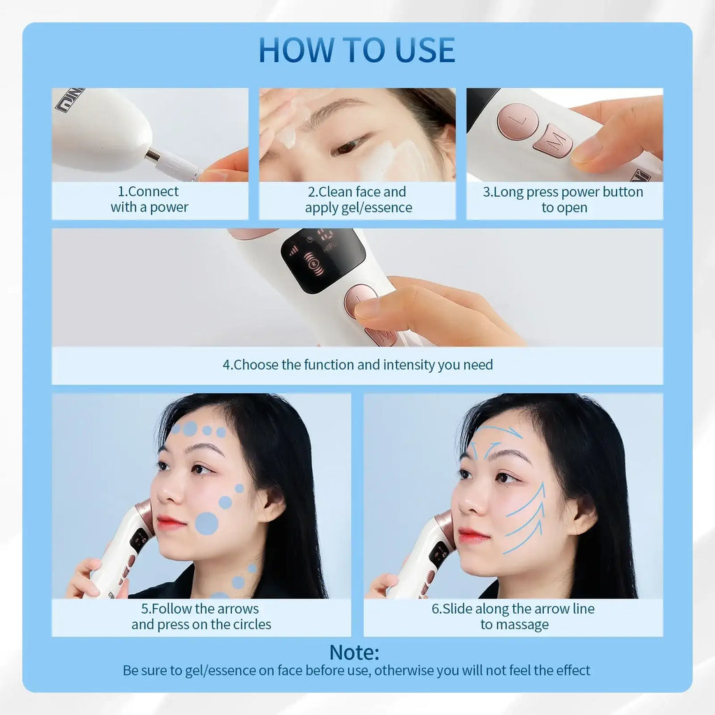 Six-step instructional graphic showing how to use a white and rose-gold handheld HIFU facial tightening device.
