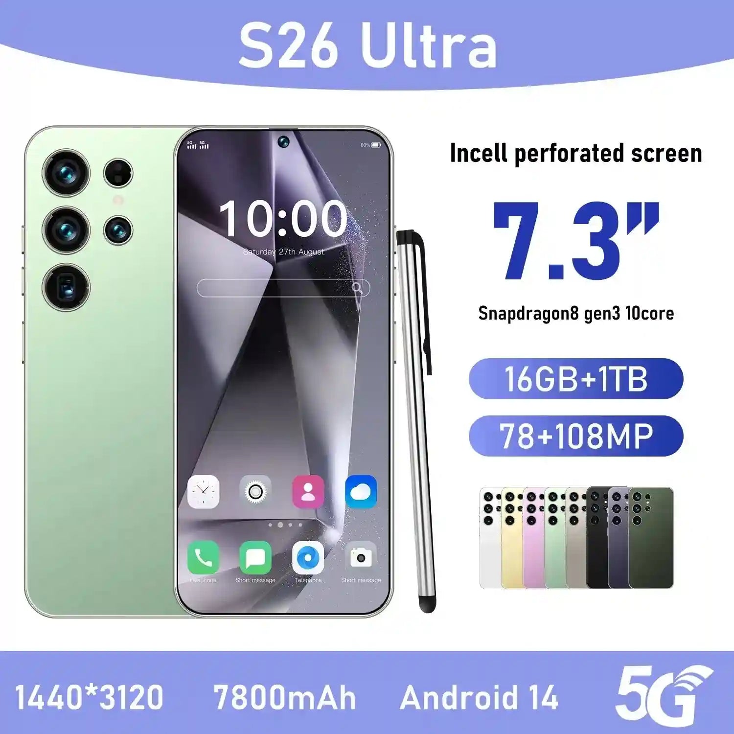 S26 Ultra 5G Smartphone – 22GB RAM, 2TB Storage, Dual SIM Unlocked Green 16g 1TB Tidesmit