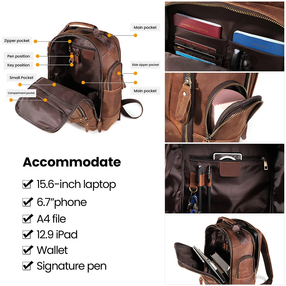 Premium Men's Crazy Horse Leather Backpack Large Capacity Business Casual Style with Fashion Accessory Shoulder Straps