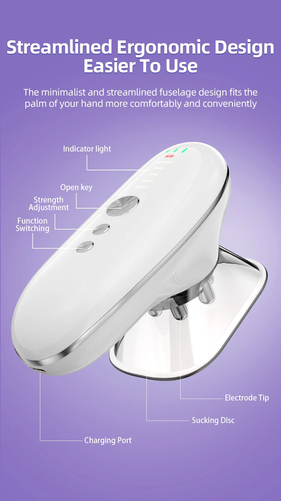 White, ergonomic 4-in-1 body sculpting device with indicator lights, control buttons, and a suction disc attachment.