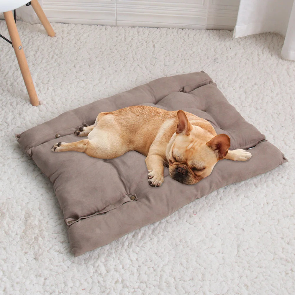 French bulldog sleeping on a soft, brown rectangular pet mattress for cozy, comfortable winter rest.