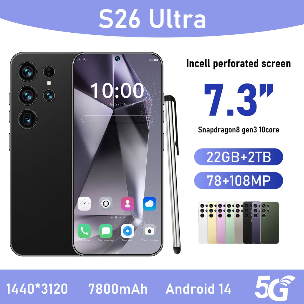2026 New Original S26 Ultra Smartphones 5G Dual SIM 22GB+2TB Storage 100W Quick HD Face Unlock Android 15 Deca Core 108MP