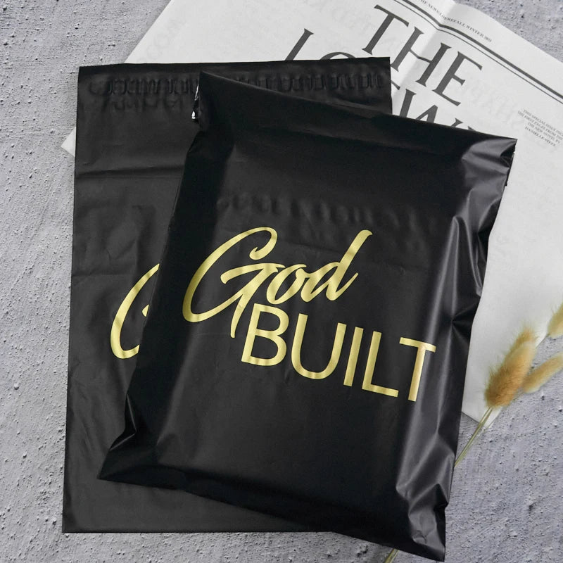 Black poly mailer shipping bag with gold 'Good Built' logo print