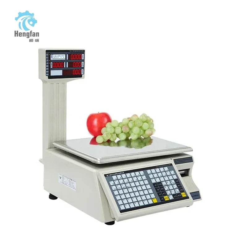 Wireless barcode scale labeler with screen, keypad, and metal weighing platform