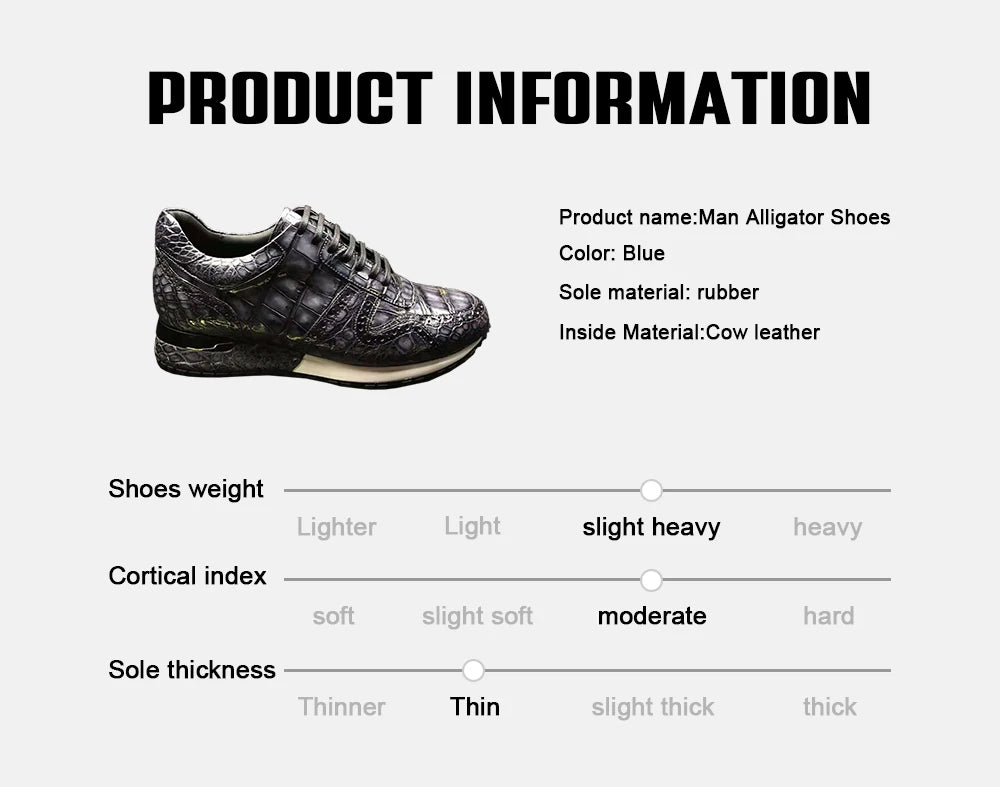 Goodyear Welt Sepatu Walking Style Shoes High Quality alligator Sport Sneakers Shoes for Men Luxury crocodile Leather Man Shoes