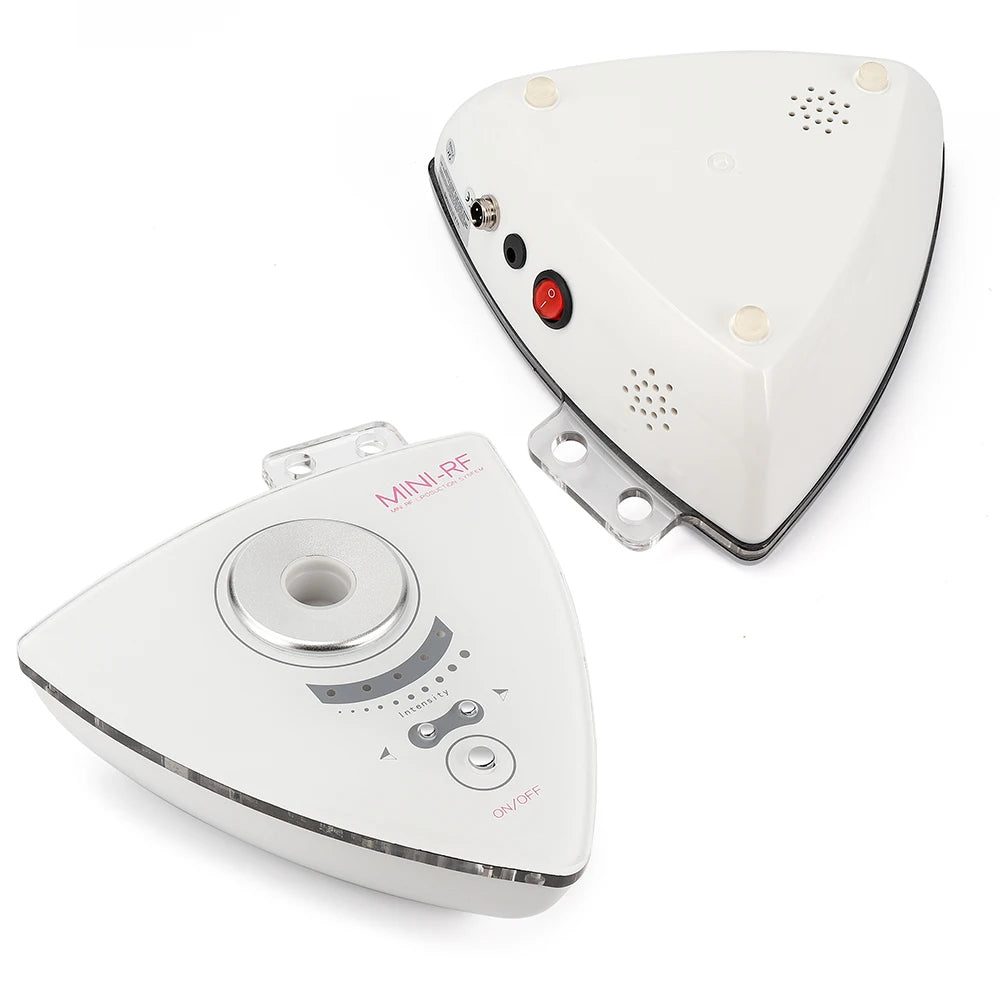 White, triangular 3-in-1 RF skin lifting device with an intensity control panel, power switch, and smooth finish.