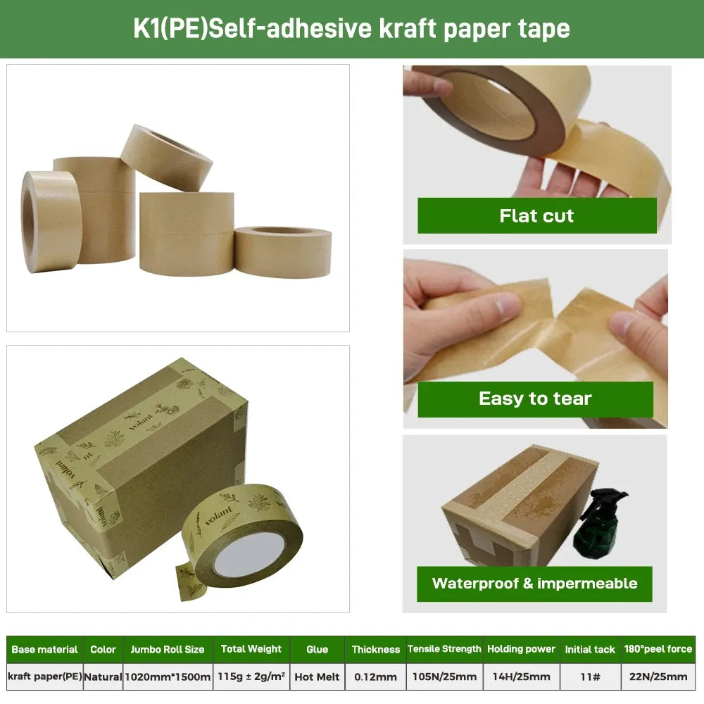 Self-adhesive kraft paper tape rolls, flat-cut strip and box-sealing demo