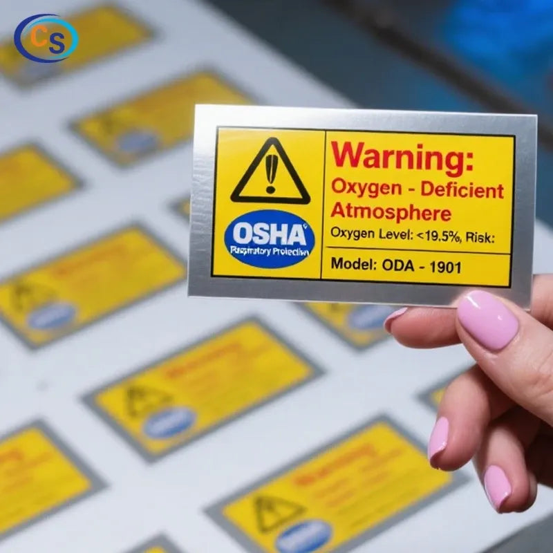 White OSHA warning label sticker with red warning text and hazard symbol