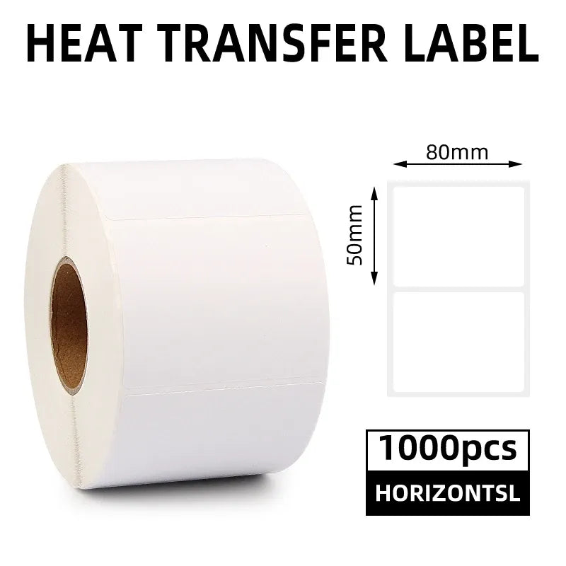 White thermal label roll with 80mm x 50mm label size diagram