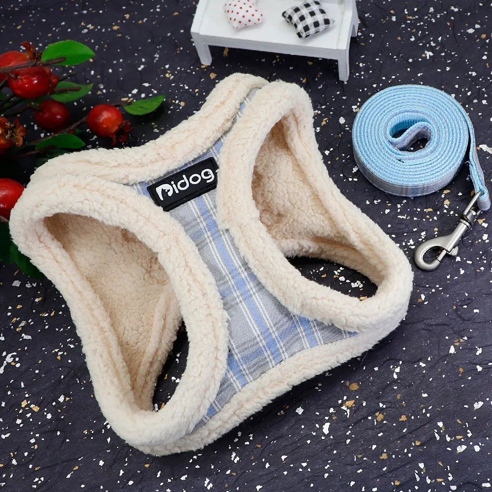 Soft, warm plaid dog harness and leash set with faux fleece lining for cozy, no-pull winter walks for small pets.
