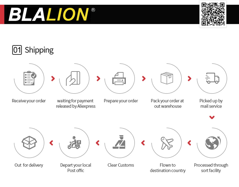 A flow chart showing 10 steps of the shipping process, from order receipt to final delivery, using gray line icons.