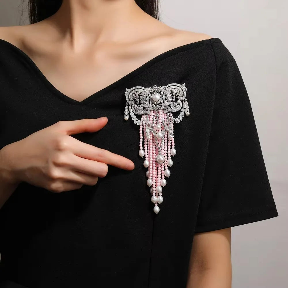 TIANSHE High-end Luxury Jewelry S925 pure silver Natural Pearls Tassel brooch Personality Design DressCorsage Decoration