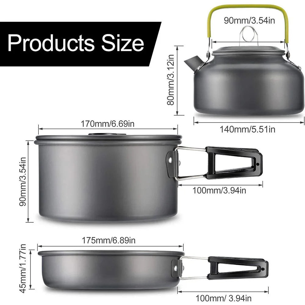 Aluminum camping cookware set size diagram with covered kettle and matching pots