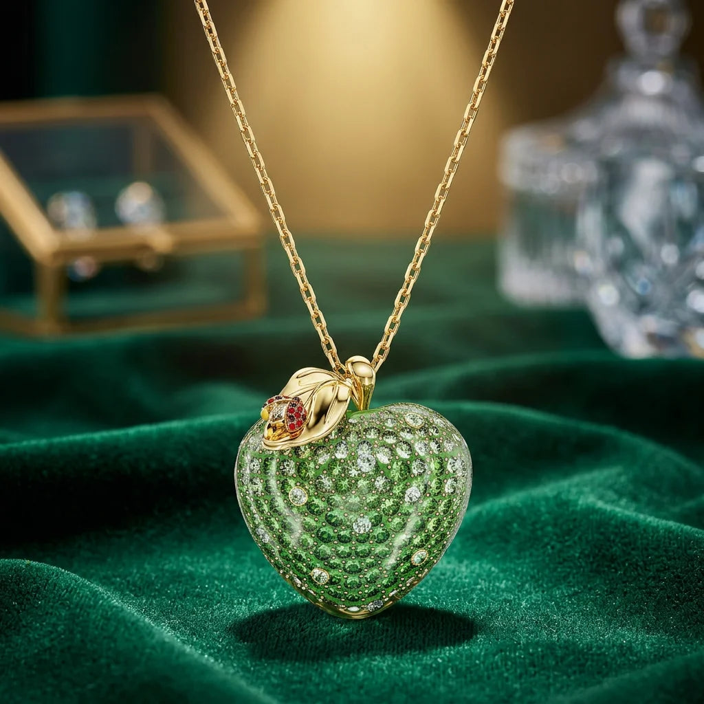 Green Crystal Apple Pendant Necklace with Gold Plated Chain and Ladybug Detail for Women
