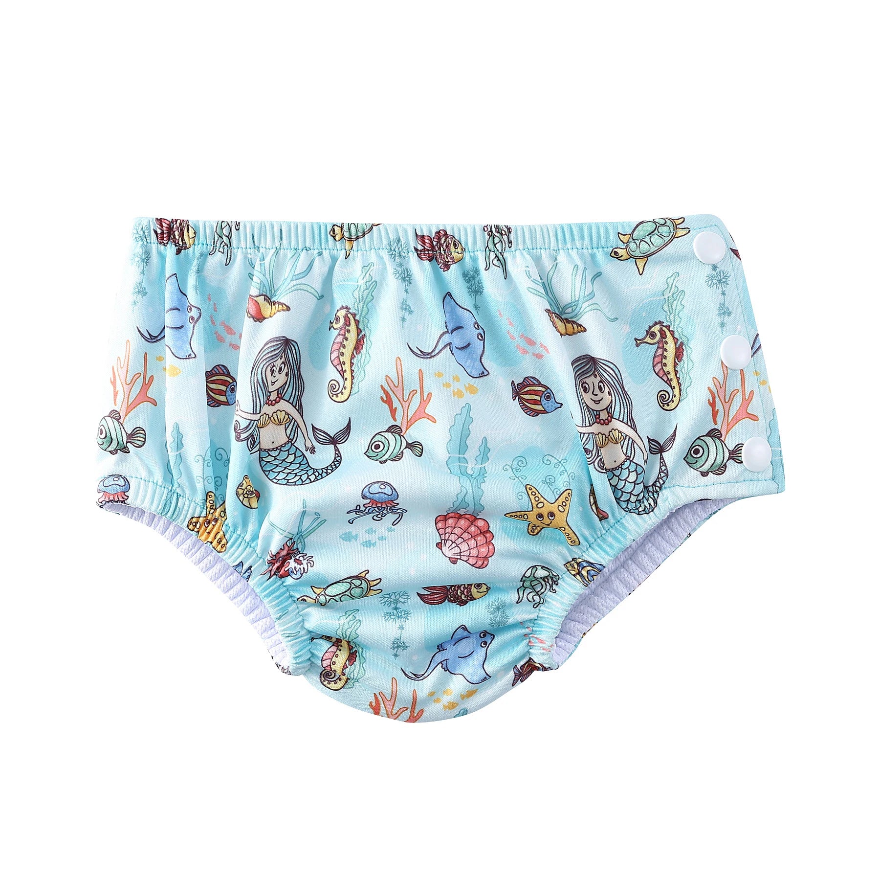 Reusable baby swim diaper with mermaid and ocean animal print, featuring adjustable side snap buttons on light blue.