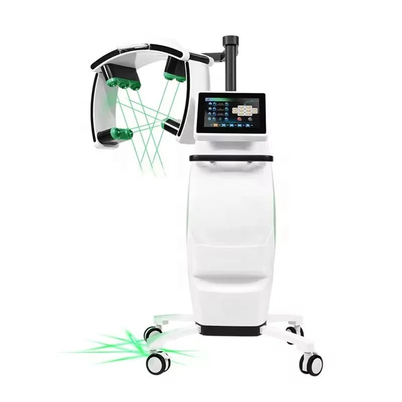 Standing LLLT fat burning laser device with adjustable green light heads and digital touchscreen for weight loss.