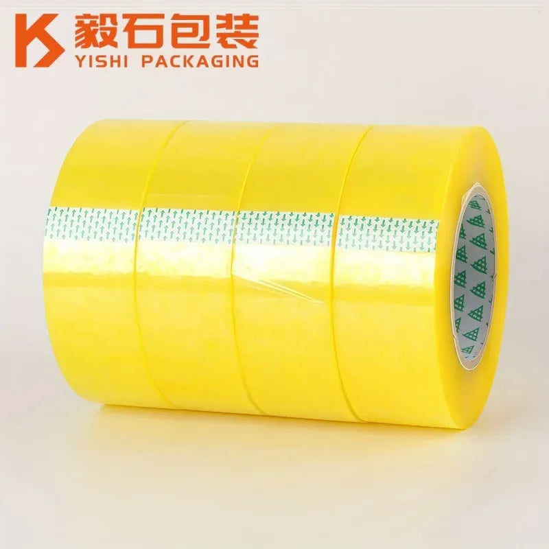 Yellow packing tape roll close-up, 48mm wide, single-sided adhesive