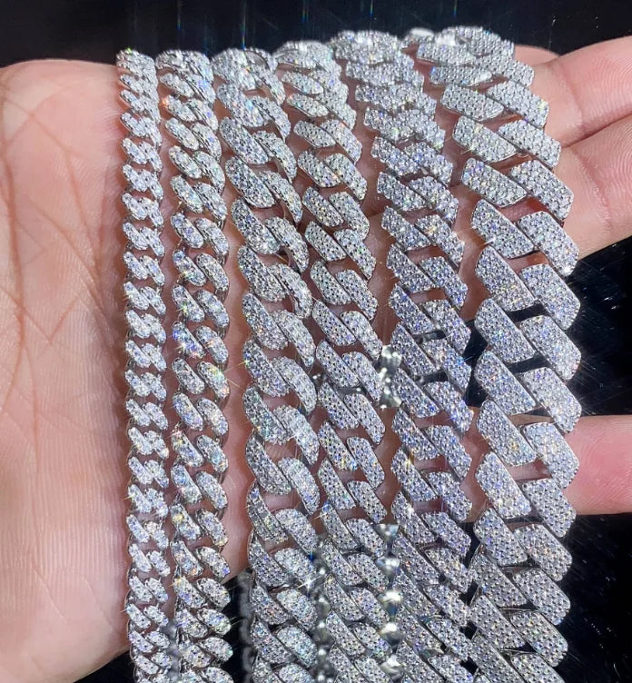 2rows 8mm 10mm 12mm 15mm S925 Silver GRA Moissanite Necklace  Bracelet  Mans Hiphop Cuban Link Chain for Fashion Jewelry