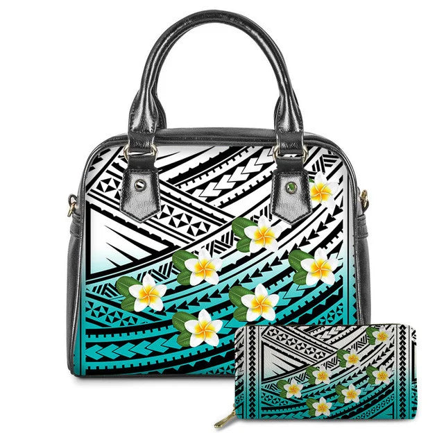 Polynesian tribal print leather tote bag and wallet set with teal gradient and white plumeria flower accents.