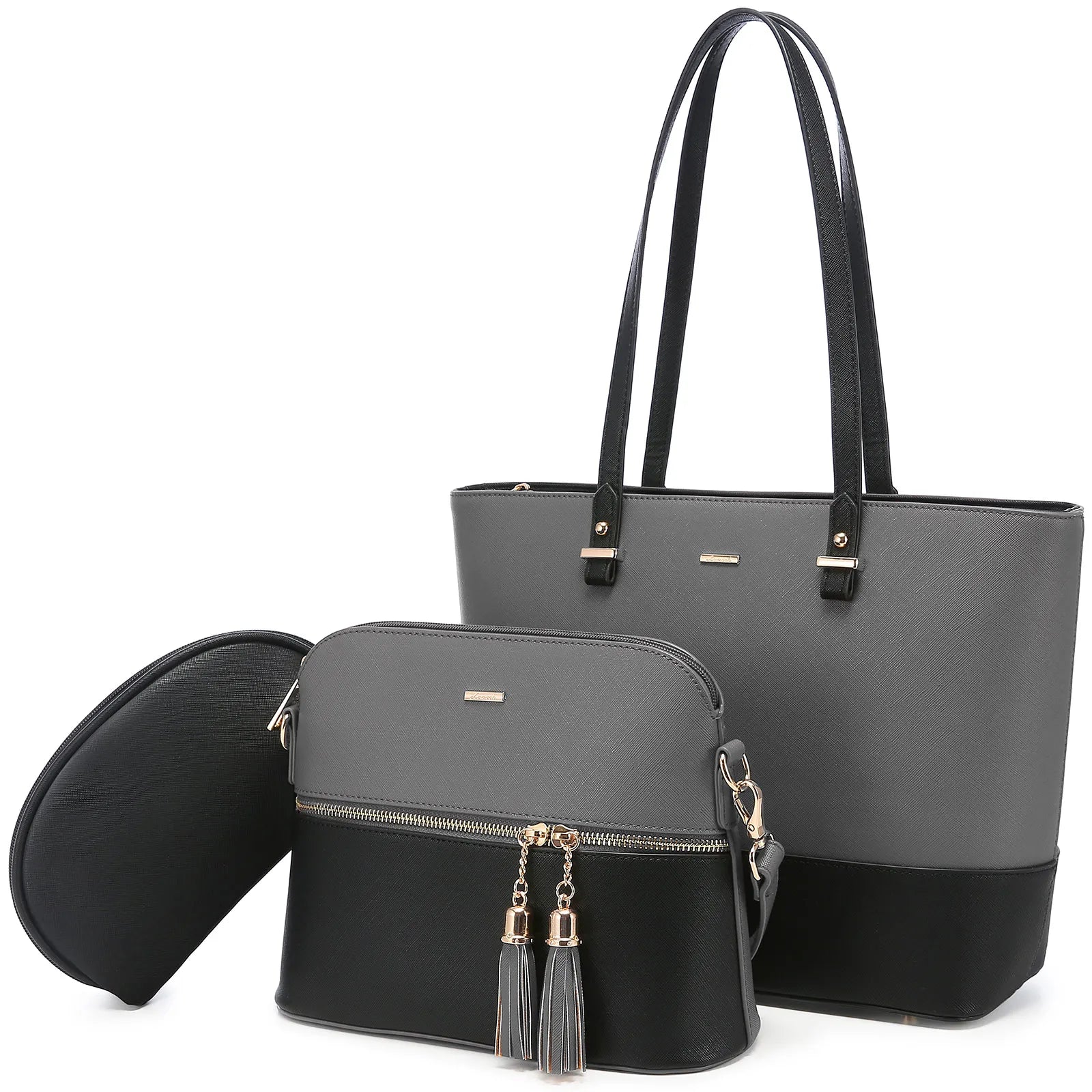 3-piece designer handbag set in grey and black PU leather, featuring a tote, crossbody, and clutch with tassel detail.