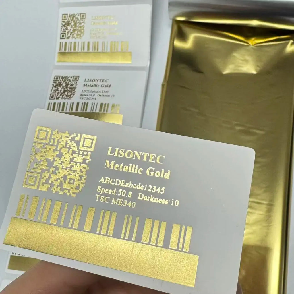 Metallic gold thermal transfer ribbon and label card with barcode and specs text