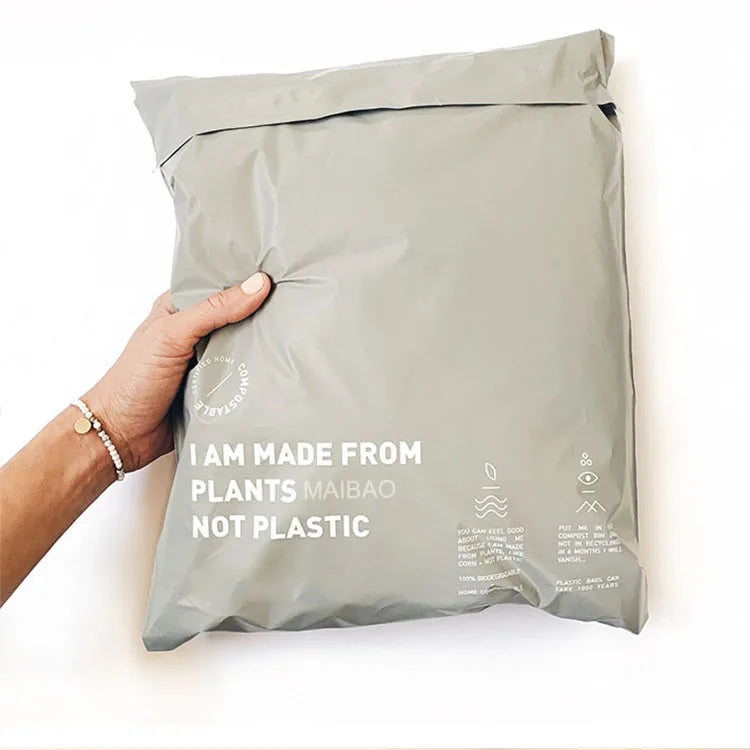 Gray poly mailer bag with “I AM MADE FROM PLANTS NOT PLASTIC” text