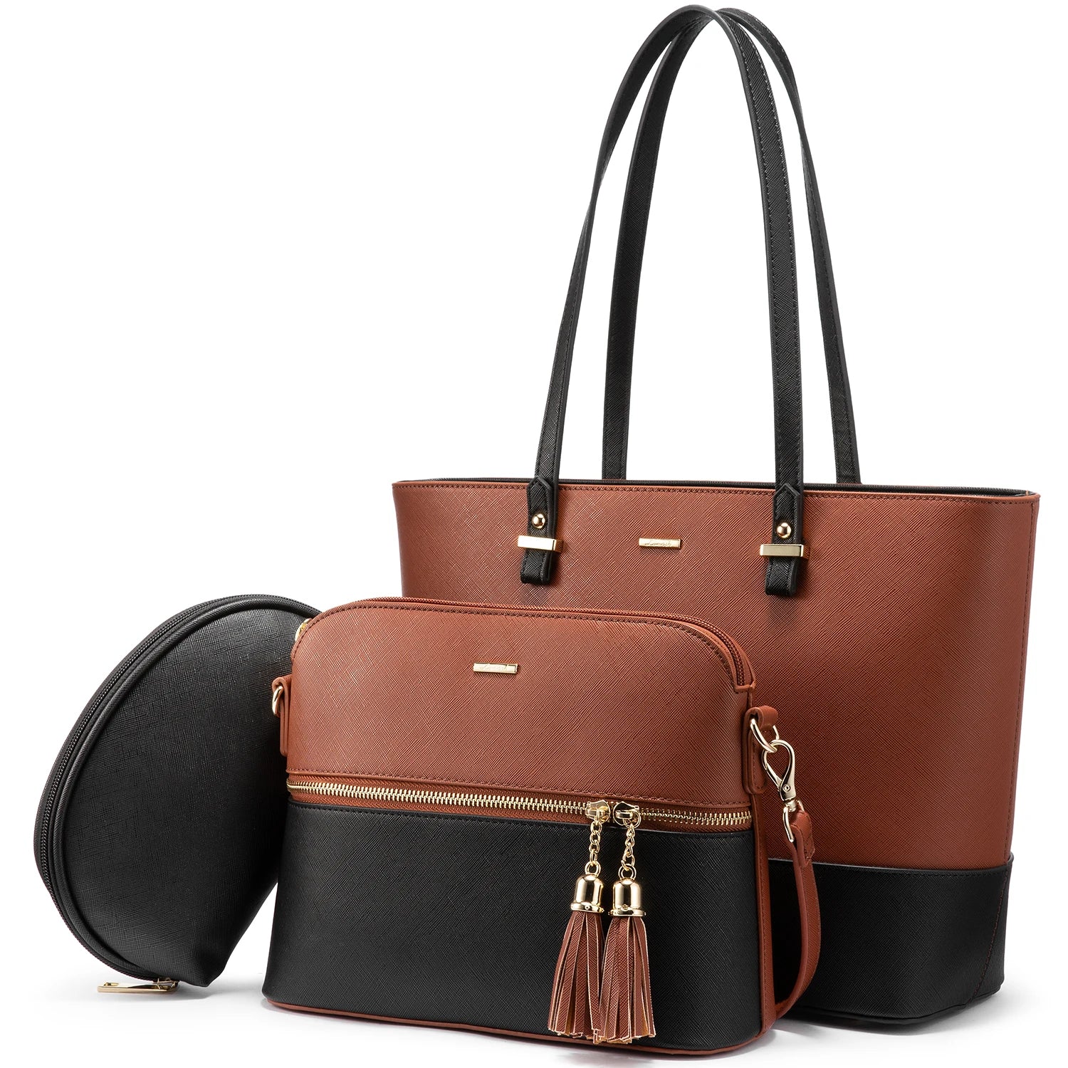 3-piece designer handbag set: brown and black PU leather tote, crossbody bag with tassels, and a round clutch.