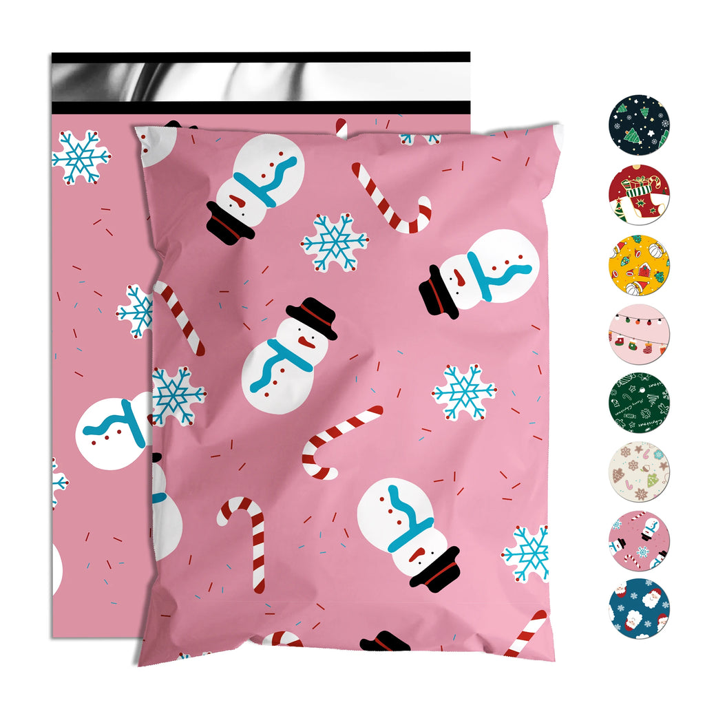 Light pink Christmas poly mailer bag with snowman and candy cane print, set of 2 shown