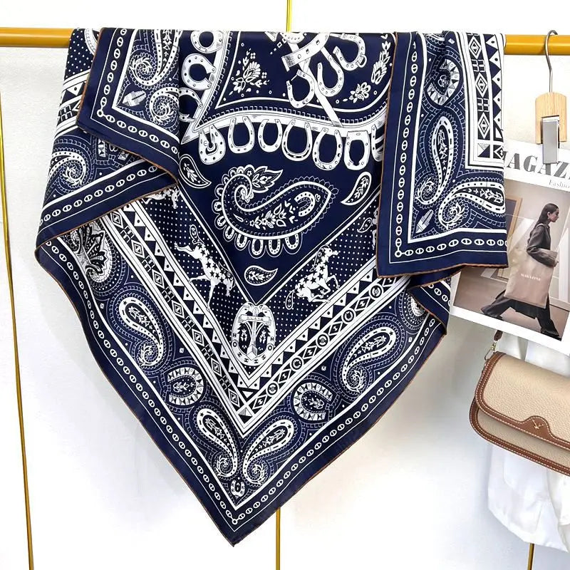 105cm Silk Crepe Satin Square Scarf Heart Paisley Mulberry Silk Head Scarves Shawl with Hand Rolling Hem