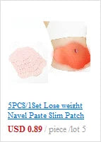 5-piece set of beige weight loss navel patches applied to the abdomen for slimming and body sculpting treatment.