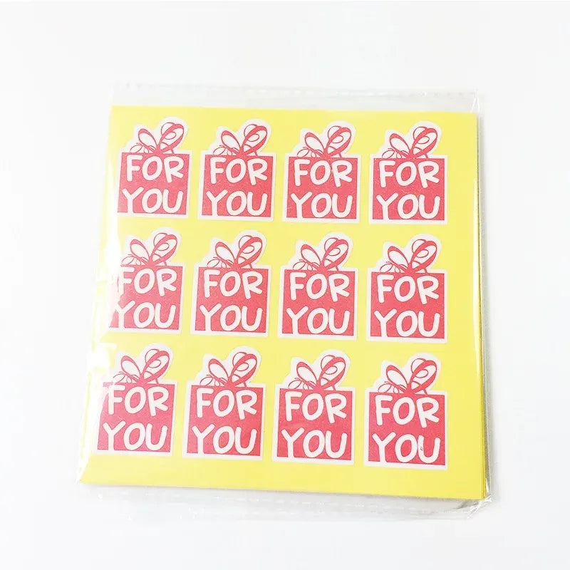 Pink 'For You' sealing sticker sheet with gift-box and bow icons