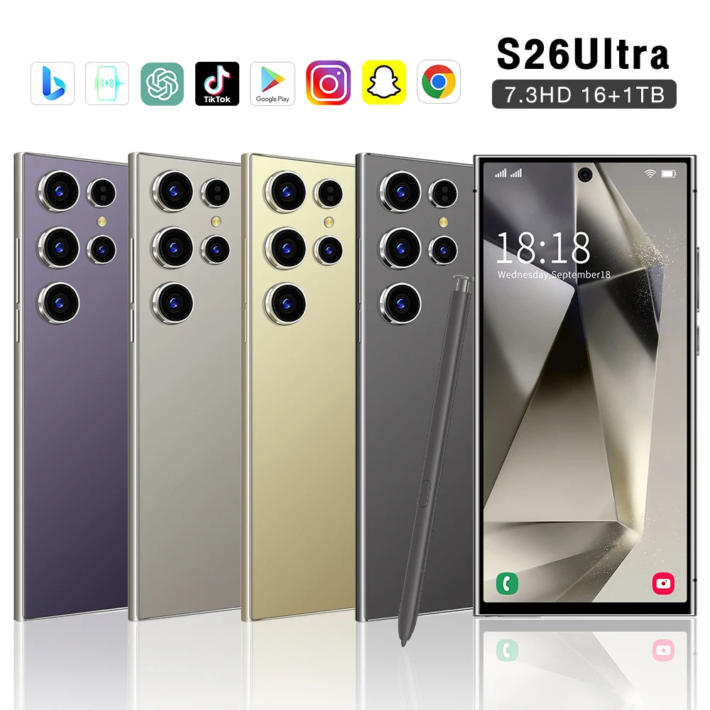 Tidesmit S26 Ultra smartphone featuring a stunning 7.3 inch HD display and high resolution 108MP camera lens.