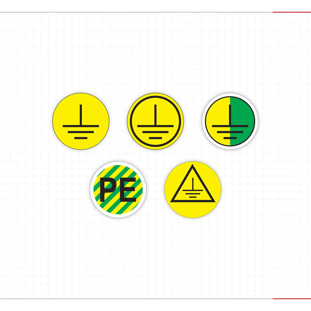 Set of round safety stickers with grounding, PE, and warning triangle icons