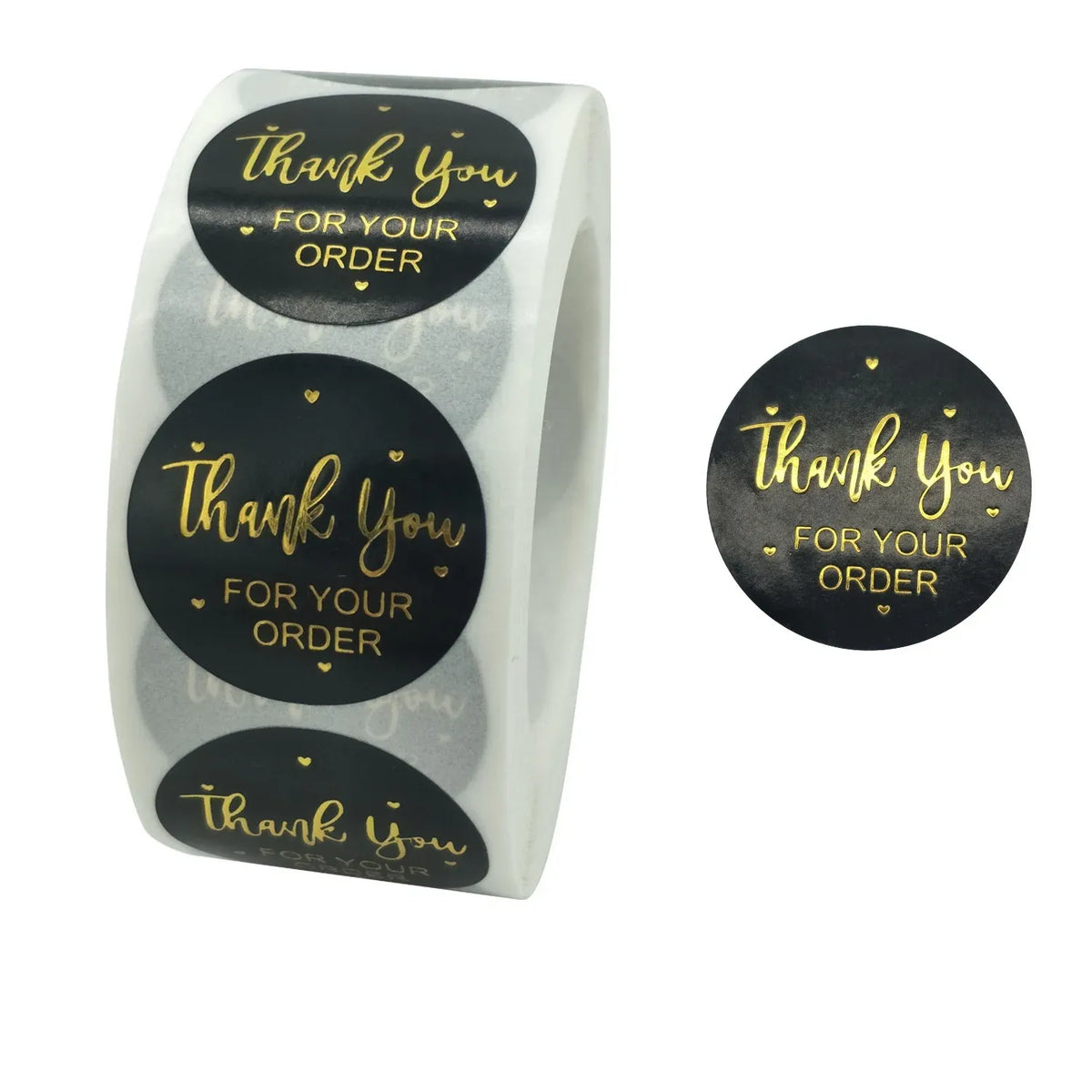 Black thank-you stickers roll, three round “Thank you for your order” labels with hearts