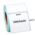 Sky blue direct thermal label roll showing 60mm x 60mm blank labels, 500 sheets