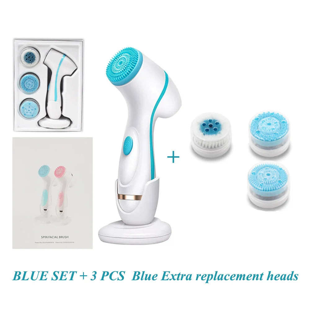 Sonic facial cleansing brush set in white and blue with 3 replacement heads, stand, and deep skin cleaning features.