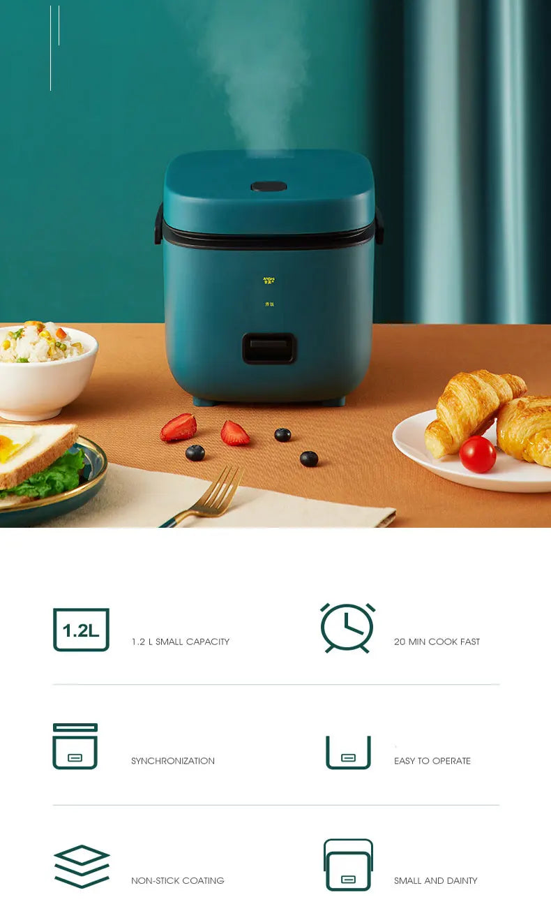 Teal mini electric rice cooker with 1.2L capacity and operation icons panel