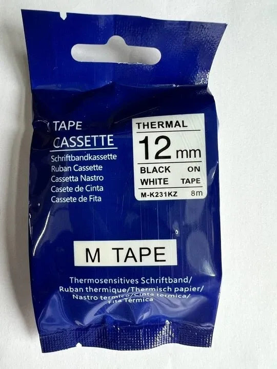 Thermal tape cassette package labeled 12mm, black on white tape, M tape