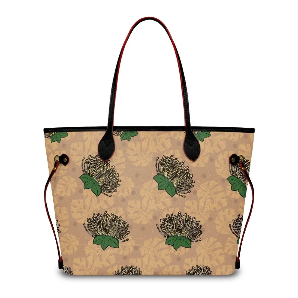 Large leather tote bag with tan Ohia Lehua floral print, black handles, and red trim. Designer shoulder bag style.