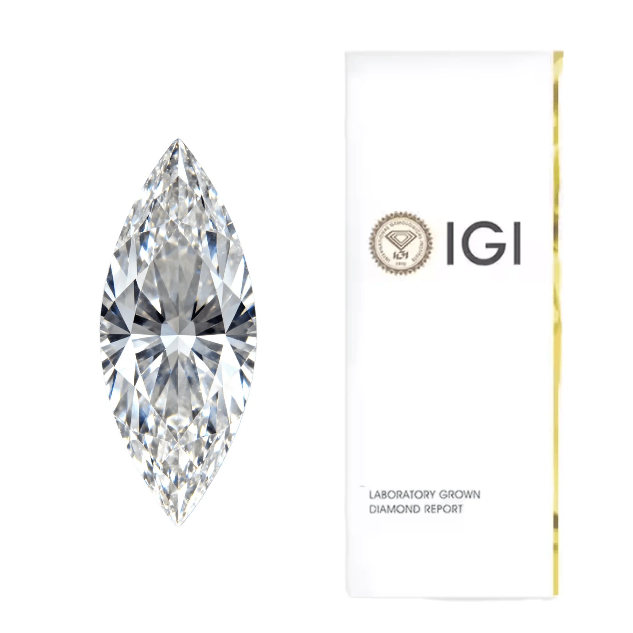 Marquise-cut lab diamond next to IGI laboratory grown diamond report sleeve