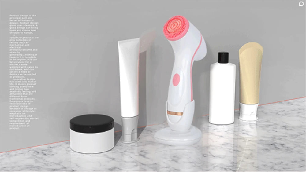 White and pink sonic facial cleansing brush set with skincare bottles on a marble vanity for deep skin cleaning.