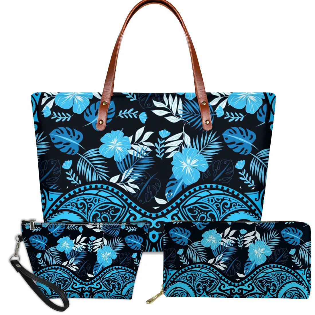 3-piece blue and black Polynesian tribal handbag set featuring hibiscus floral prints and turtle-inspired patterns.