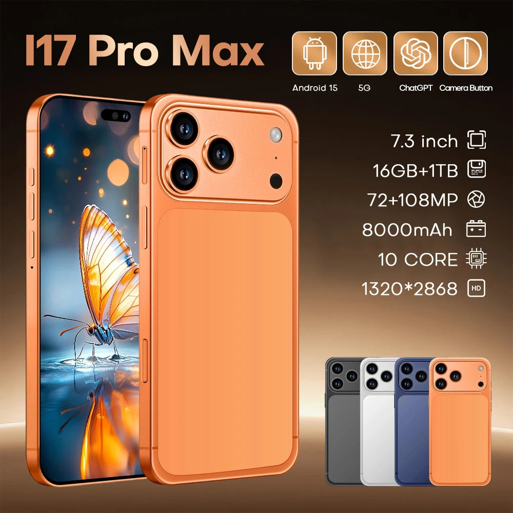 I17 Pro Max 5G Smartphone, 7.3 Inch HD, 16GB RAM, 1TB Storage Orange 16g 1TB Tidesmit