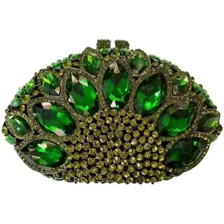 Luxury green rhinestone evening clutch purse featuring dazzling crystal petal accents for formal designer handbags.