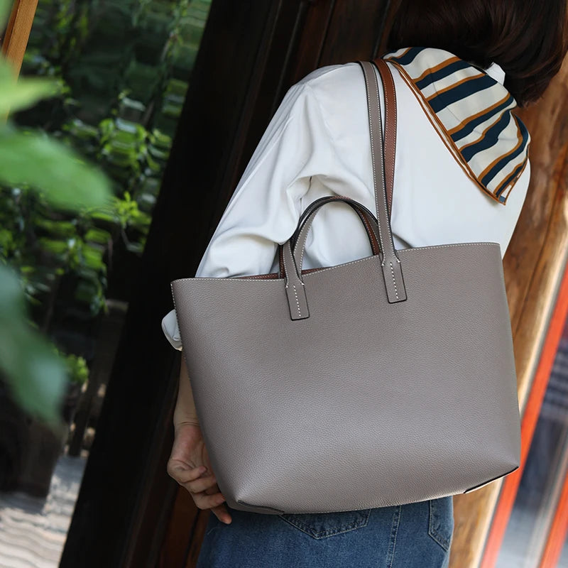 Women Luxury Genuine Leather Tote Soft Cowhide Handbag Two Sides Available Using Shoulder Bags Versatile And Durable