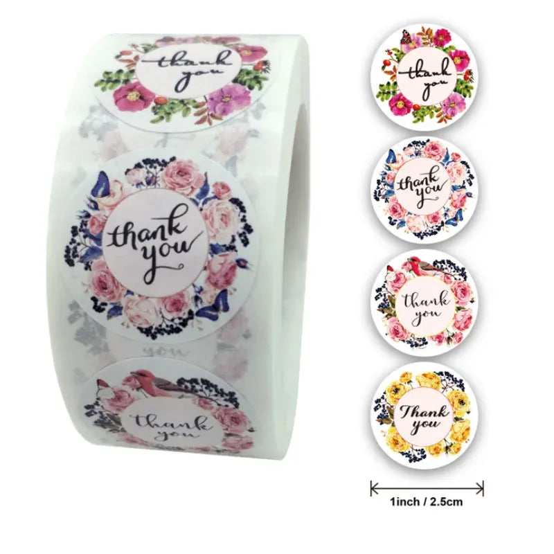 Round thank you flower stickers on roll, multicolor floral wreath designs