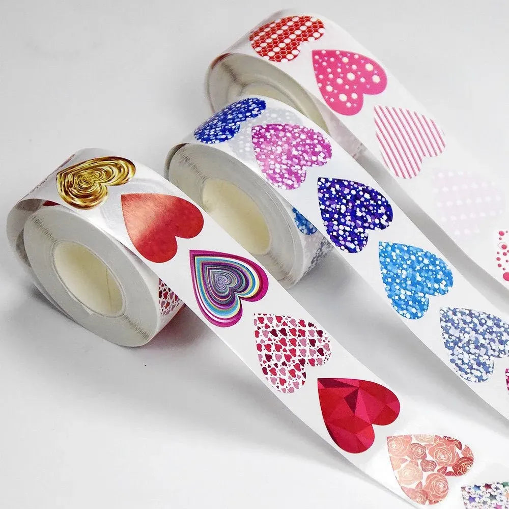 Self-adhesive heart sticker roll set with pink, red, and blue glitter hearts